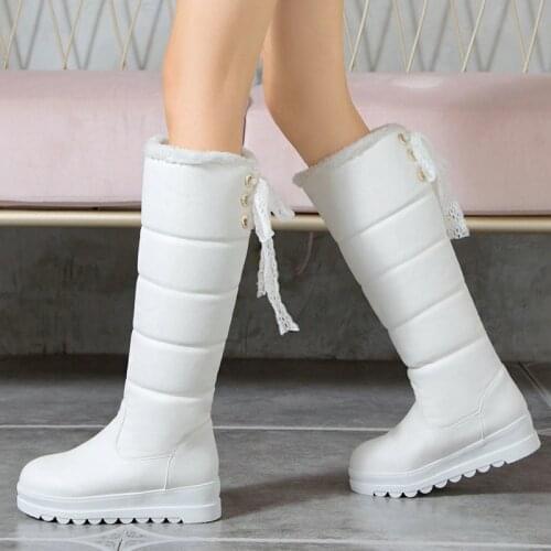 Women Boots Warm Winter Comfort Thick Sole Flat with Platform Snow Boots Mid Calf Women Flate Boots Sexy Fashion Black Shoes 43