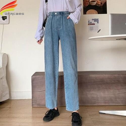 New 2020 Autumn Stretch Waist High Waist Wide Leg Jeans Woman Loose Straight Blue Denim Pants Women Hot Sale