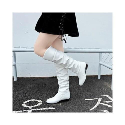 2021Spring Fashion Women Boots Boots Botas Female Stretch PU Leather Boots Shoes Woman Black White Roma Knee-Length Boots34-43
