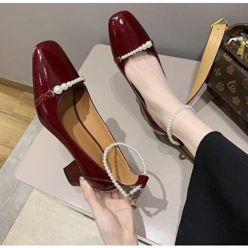 Women Spring and Summer New Mary Jane Pearl Temperament Thick Heel High Heels Female Shoes