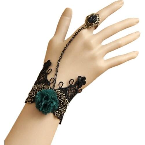 Handmade Womens Gothic Black Knitted Lace Stone Green Flower Bat Adjustable Ring to Wrist Bracelet Slave Ball Lolita Fashion
