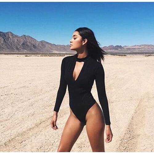 New Sexy Womens Long Sleeve Bodysuit Choker Romper Deep V Neck Bodycon Body Suit One Piece Fitness Overalls For Women