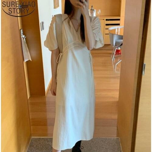Korean Chic Summer Dress Women Elegant Pleated Dress Fashion V-neck Midi Long Dress Short Sleeve Dresses Vestidos Robe 14219