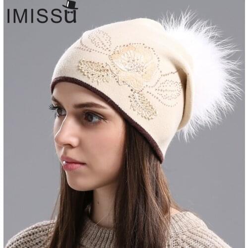 IMISSU Winter Fur Beanies Cap for Women Knitted Wool Hats Flower Style Hat with Pom Pom Gorros Thick Warm Beanie Cap for Girls