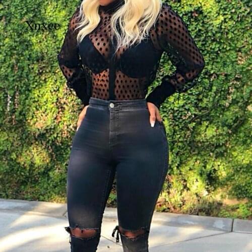 2021 Womens Shirt Transparent Polka Dot Long-Sleeved Sexy Inner Wear Office Top High Street Womens Top