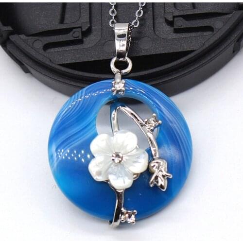 Trendy-beads Antique Silver Plated Round Hollow with Flower Stripe Blue Agates Pendant Link Chain Necklace