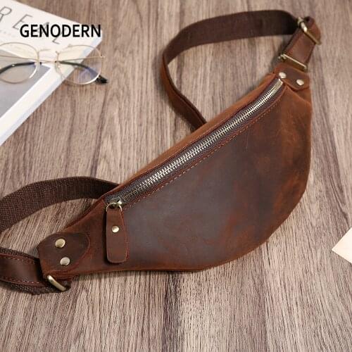 GENODERN Men Waist Bag Genuine Cow Leather Vintage Small Fanny Pack Male Waist Pack Travel Chest Bag for Cell Phone Belt Bag Man