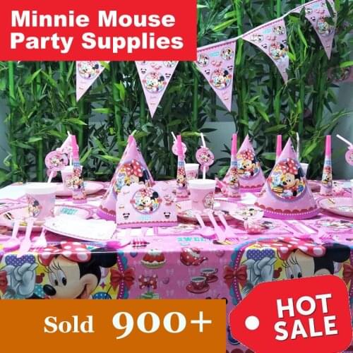 Minnie Mouse Kids Birthday Party Decoration Supplies Cup Plate Banner Hat Bag Set Favors Cake Decorating Pink Red