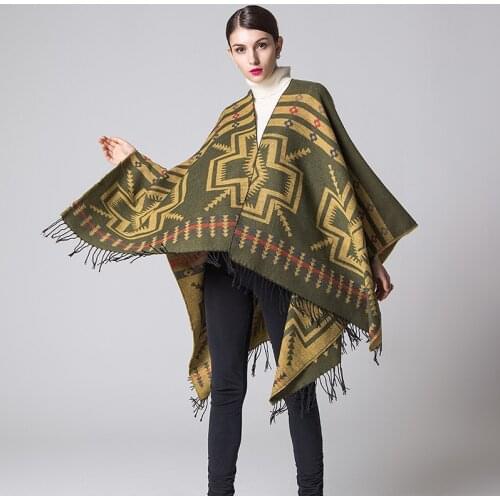 Ethnic Geometric Women Batwing Cape Poncho Cashmere Tops Cardigan Sweater Coat Autumn Scarf Shawl Fringe Hooded