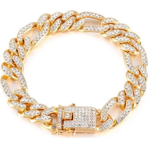 Wholesale Jewelry --( 20cm*13mm) Hip Hop Gold Color Heavey Full Crystals Figaro Bracelets For Men Fashion Jewelry