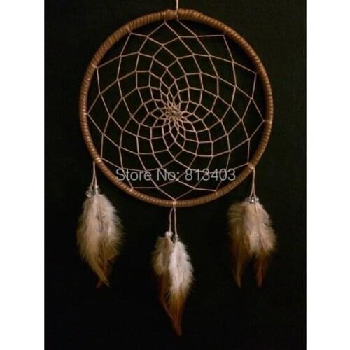 Brown faux suede trim dream catcher, light tan web, rooster feathers finish 15cm diameter dreamcatcher hand made
