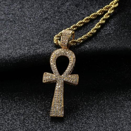 AAA+ Cubic Zirconia Paved Iced Out Bling Life Key Ankh Cross Pendants Necklace for Men Women Hip Hop Jewelry Gold Silver Color