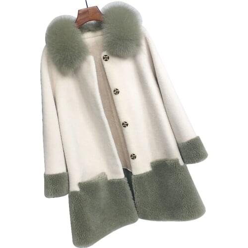 Real Fur Coat Female Sheep Shearling Jacket Winter Coat Women Clothes 2019 Fox Fur Collar Wool Coats Manteau Femme MY