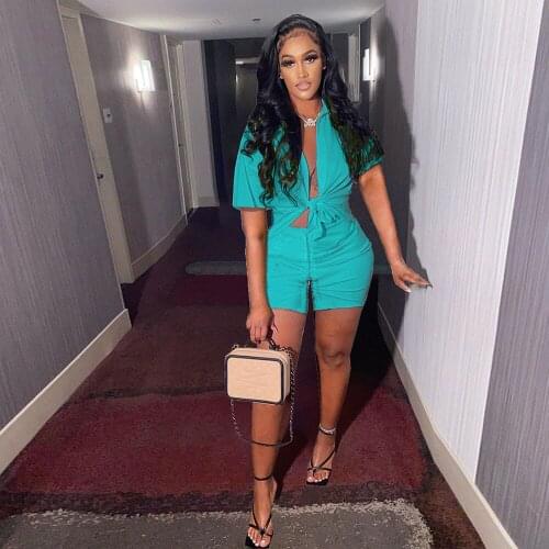 Sexy Solid Two Piece Set Summer Clothes for Women Turn Down Collar Short Sleeve Blouse and Bodycon Short Office Lady Tracksuits