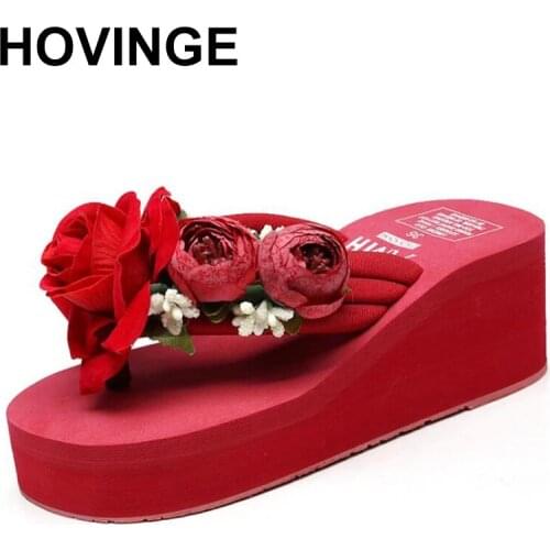 HOVINGE Handmade Flowers Woman Beach Flip Flops Summer Sandals Non-slip Slippers Platform Sandals Shoes Woman sandalia feminina