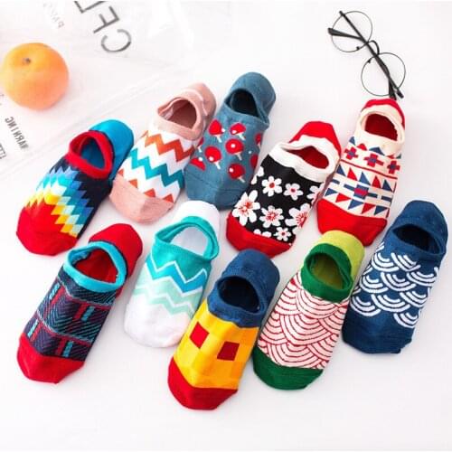 Happy Socks Casual Cotton Spring Summer Funny Sweat Short Socks Geometric Ankle Female Invisible Boat Silicone Socks Slippers