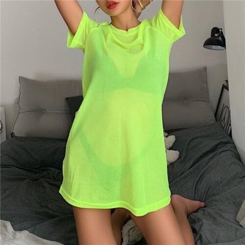 Sexy Bikini Cover Up Swimwear Women Sheer Mesh Swimsuit Bathing Suit See Through Short Sleeve T-shirt Tops Summer Beach Dress