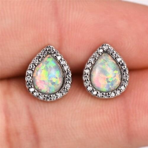 White Blue Opal Stone Earrings Classic Female Small Crystal Stud Earrings Vintage Bride Silver Color Teardrop Earrings For Women