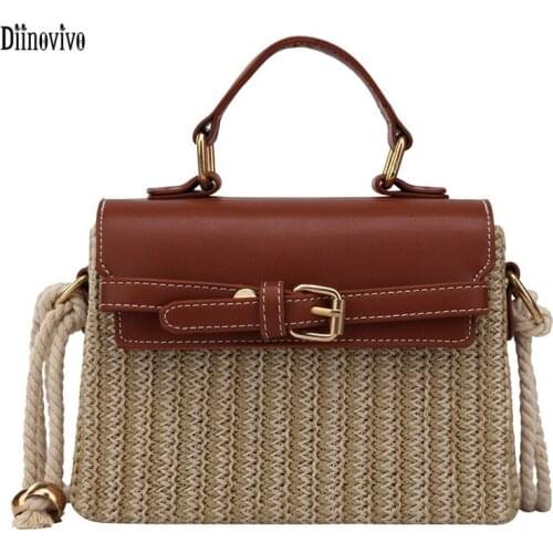 Diinovivo Small Flap Bags Hand Made Woven Women Rattan Bags PU Leather Patchwork Straw Shoulder Crossbody Bags Female WHDV1817