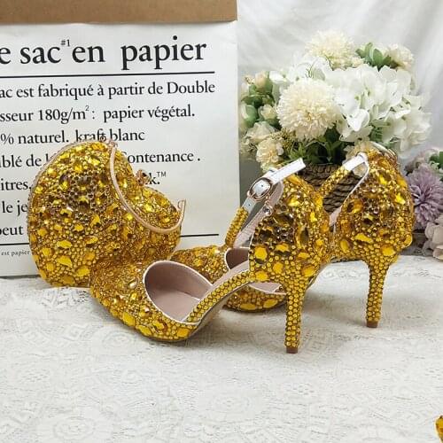 Ladies Party Shoes Golden Crystal Fashion Dress High Heels With Bag Bride Wedding shoes Womens Sandal Girl Thin Heels Heart Bag