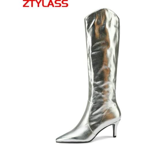 2021 Autumn Winter Women Boots Fashion Slip On Knee High Boots Pointed Toe Westren Boots Thin Heel Faux Leather Shoes Plus Size