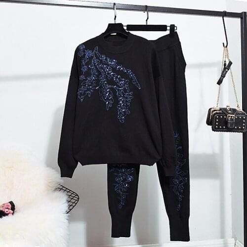 2020 Autumn Womens Tracksuit Set Beading Embroidery Long sleeve knitted Sweaters + Casual Small feet Pants Women Two Piece Tide