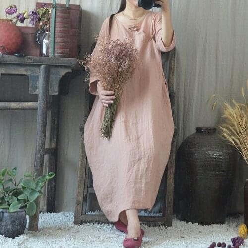 Women Linen Handmade Button Robe Dress Ladies Loose Plus Size Dress Female Retro Vintage Dresses