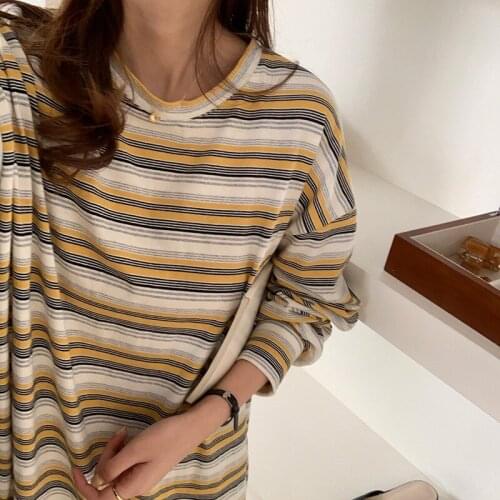 2021 Long Sleeve Tops Female Spring Autumn Fashion Ulzzang Loose Oversized T-shirt Women Striped Casual Tshirts