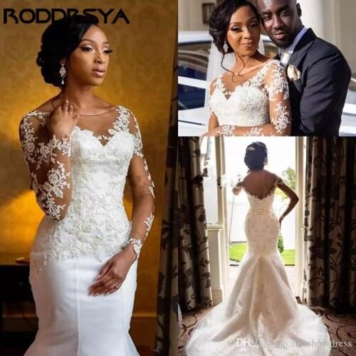 RODDRSYA African Lace Mermaid Wedding Dress Sheer Scoop Neck Long Sleeves Tull Applique Beades Plus Size Wedding Bridal Gowns