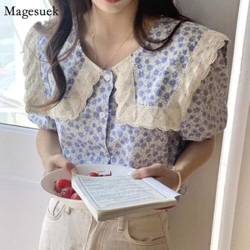 Puff Sleeve Floral Print Blouses Women Lace Peter Pan Collar Shirt 2021 Summer Vintage Korean Blusas Mujer Cute Tops Chic 15628