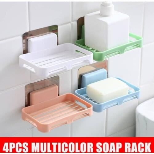 4Pcs Soap Dishes Wall-mounted Punch Free Soap Bar Holder with Drainage Design Soap Box for Bathroom Kitchen LBE
