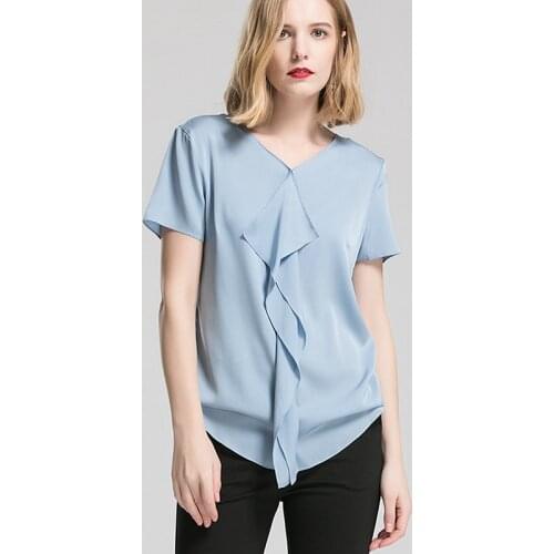T-shirt Women 100% Heavy Silk High Quality Tailoring V Neck Short Sleeves Ruffles Solid Casual Basic Clothing Fashion 2018