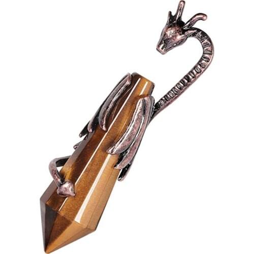 FYJS Unique Copper Dragon Wrap Hexagon Prism Tiger Eye Stone Pendant Rose Pink Quartz Jewelry