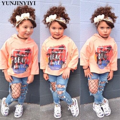 Girls hip hop cotton top + ripped jeans Childrens spring and autumn suits Girl costume Childrens t-shirt Girls pants