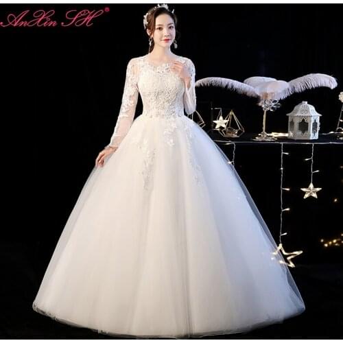 AXJFU vintage princess flower lace wedding dress luxury o neck illusion long sleeve party ball gown white flower wedding dress