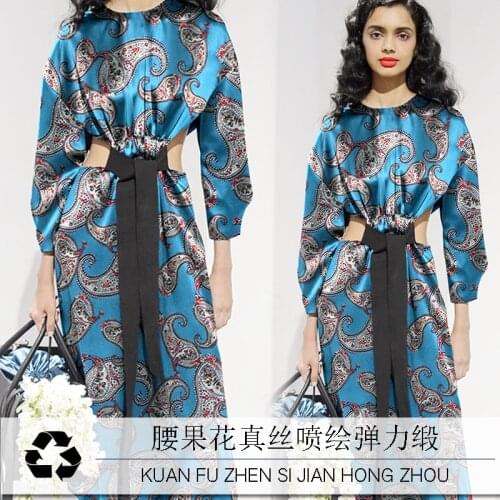 1 Meter x 1.08 Meter Blue Paisley Digital Printing Stretch Satin Mulberry Summer Silk Qipao Skirt Fabric
