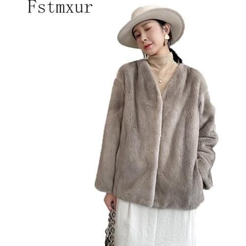 Fstmxur 2021 New Copenhagen Imports Velvt Mink Fur Coat Womens Full Sleeve V-Neck Pure Color Warm Soft Short Mink Fur Coats