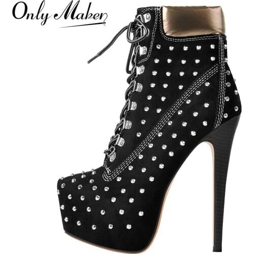 Onlymaker Womens Ankle Rivet Bootie Round Toe Platform Boots Lace Up Large Big Plus Size High Heels US 5-15 Club Motorcycle