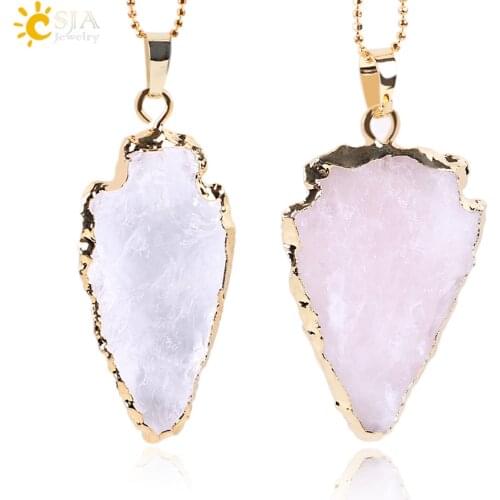 CSJA Natural Clear Crystal Quartz Arrowhead Necklaces & Pendants Pink White Rock Gem Stone Gold Color Unisex Reiki Jewelry E635