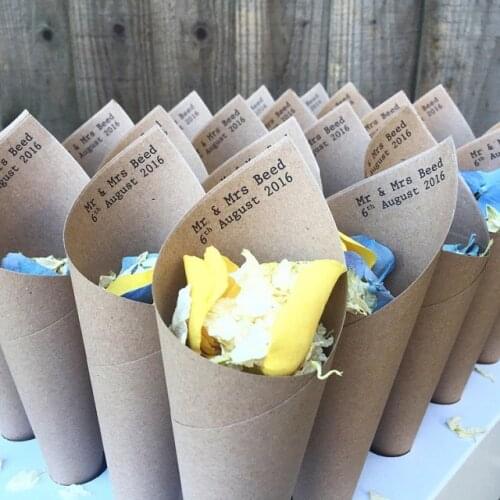 Personalized mr&mrs names date or text Rustic Wedding confetti cones, Customize wedding confetti package free design