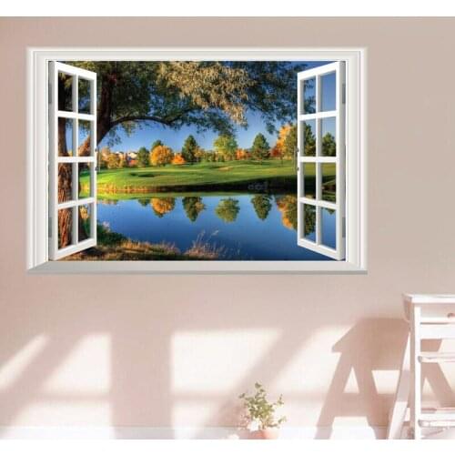 Scenery natural Lake 3D Window Home View Forest Landscape Wall Sticker Wall Art Decor Removable Bedroom Green Wallpaper Sticker