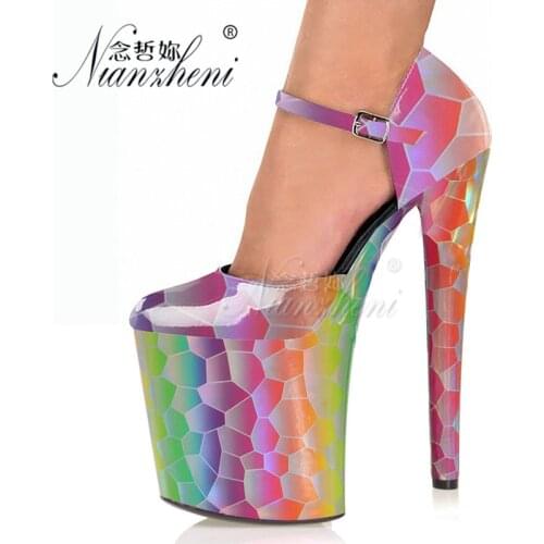All match Patent leather Color Shallow Buckle strap Womens Pumps 20cm Super High heeled shoes 8 inches Nightclub Pole dancing