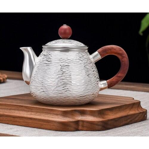 S999 Sterling Silver Sandalwood Handle Tea Coffee Pots Handmade From a Whole Silver Plate for Kitchen Utensils Tableware