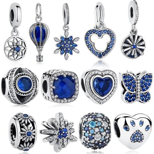 ELESHE 925 Sterling Silver Blue Charm Beads Zirconia Hamsa Hand Snowflake Heart Charm Fit Original Bracelet Necklace DIY Jewelry