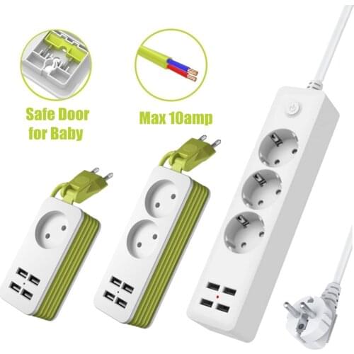 EU Plug Power Strip with 4 USB Charging Ports EU Outlets and 1.5M/5ft Long Extension Cord Multi Outler Extender Socket 110~250V
