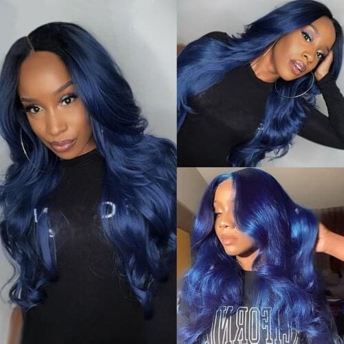 Dark Blue Color Wavy Lace Front Human Hair Wigs Brazilian Remy T Part Lace Wigs With Baby Hair Pre Plucked Lace Front Wigs 180