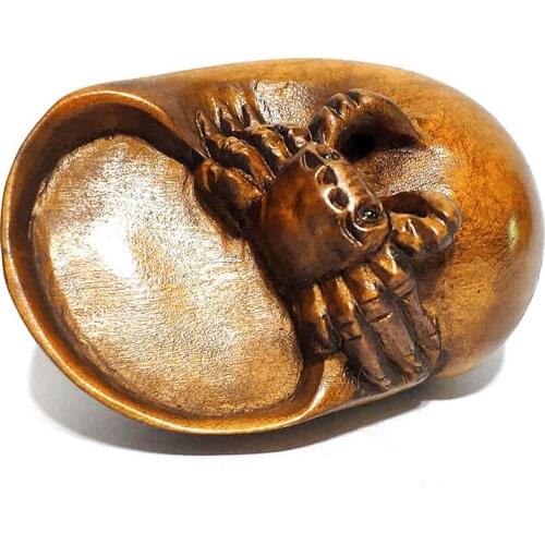 Y6024 - 1.8" Hand Carved Japanese Boxwood Netsuke Figurine Carving: Crab on Snail