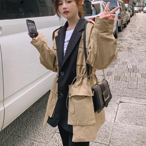 [EWQ] 2021 New Spring Full Sleeve Notched Pocket Drawstring Wild Coat Fashion Women Jackets Safari Style Loose Patchwork