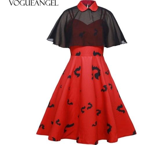 Women Vintage Gothic Cape Bat printed Dress 2021 Two Piece Mesh Cloak Sleeves Peter Pan Collar Elegant Retro Goth Party Dresses