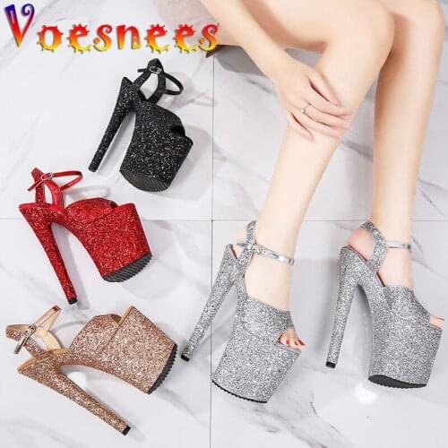 20CM Bling Diamonds Women Shoes Korean Style Nightclub Summer Ladies Shoes New Walk Show Sandals Platform Party Thin High Heels